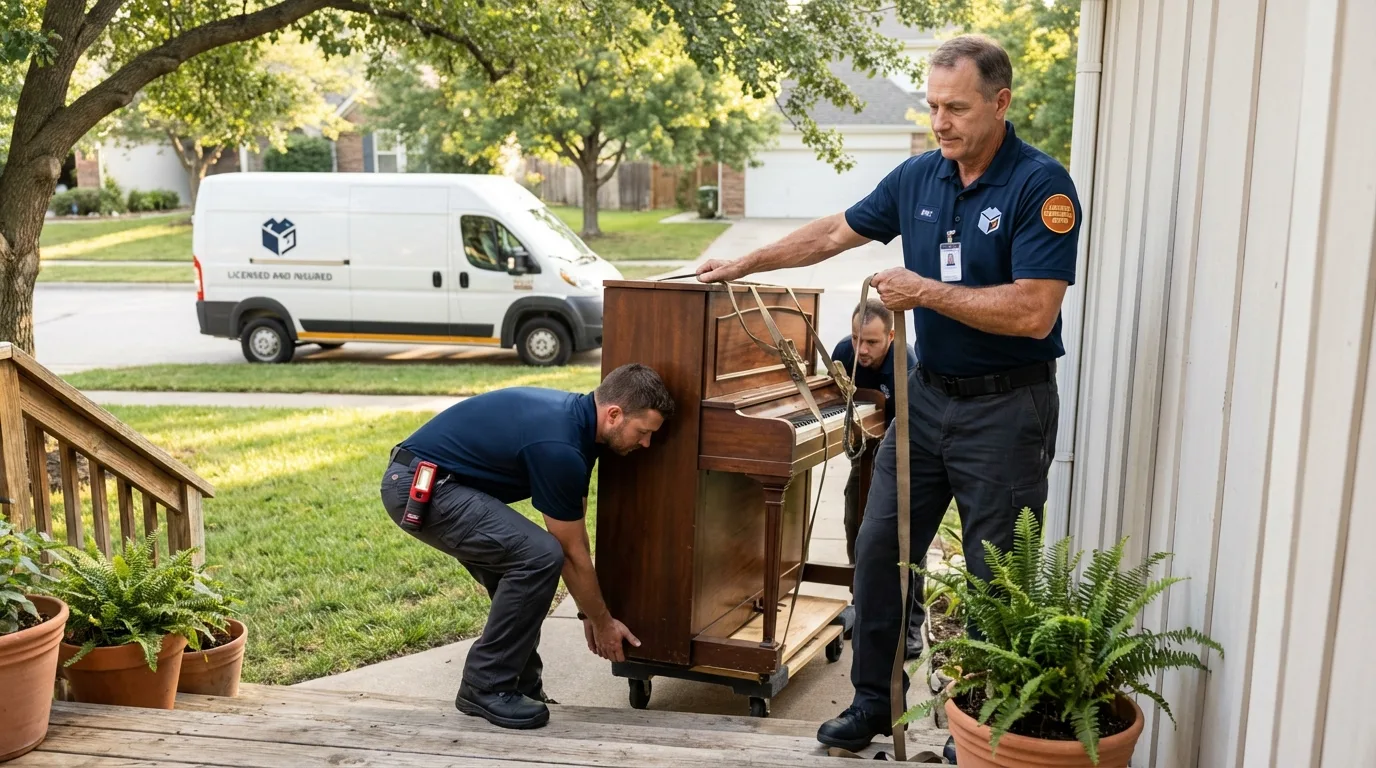 Licensed piano movers securing grand piano in Inwood, NY