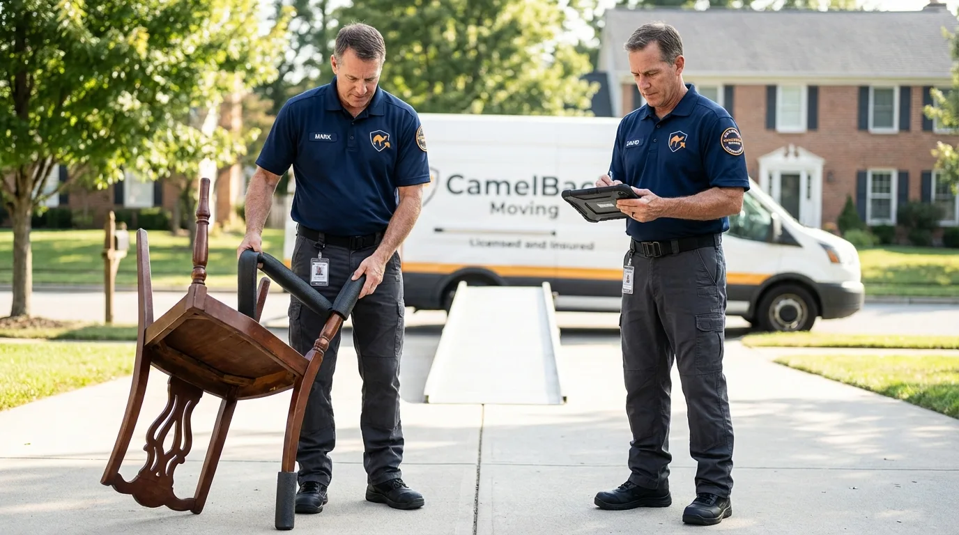 Movers inspecting furniture for damage prevention before loading in Inwood, NY