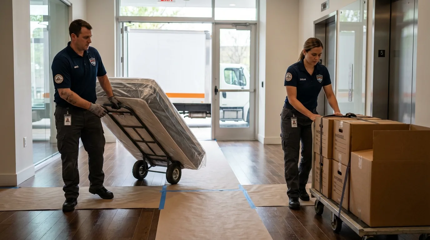 Professional apartment movers loading elevator in Inwood, NY